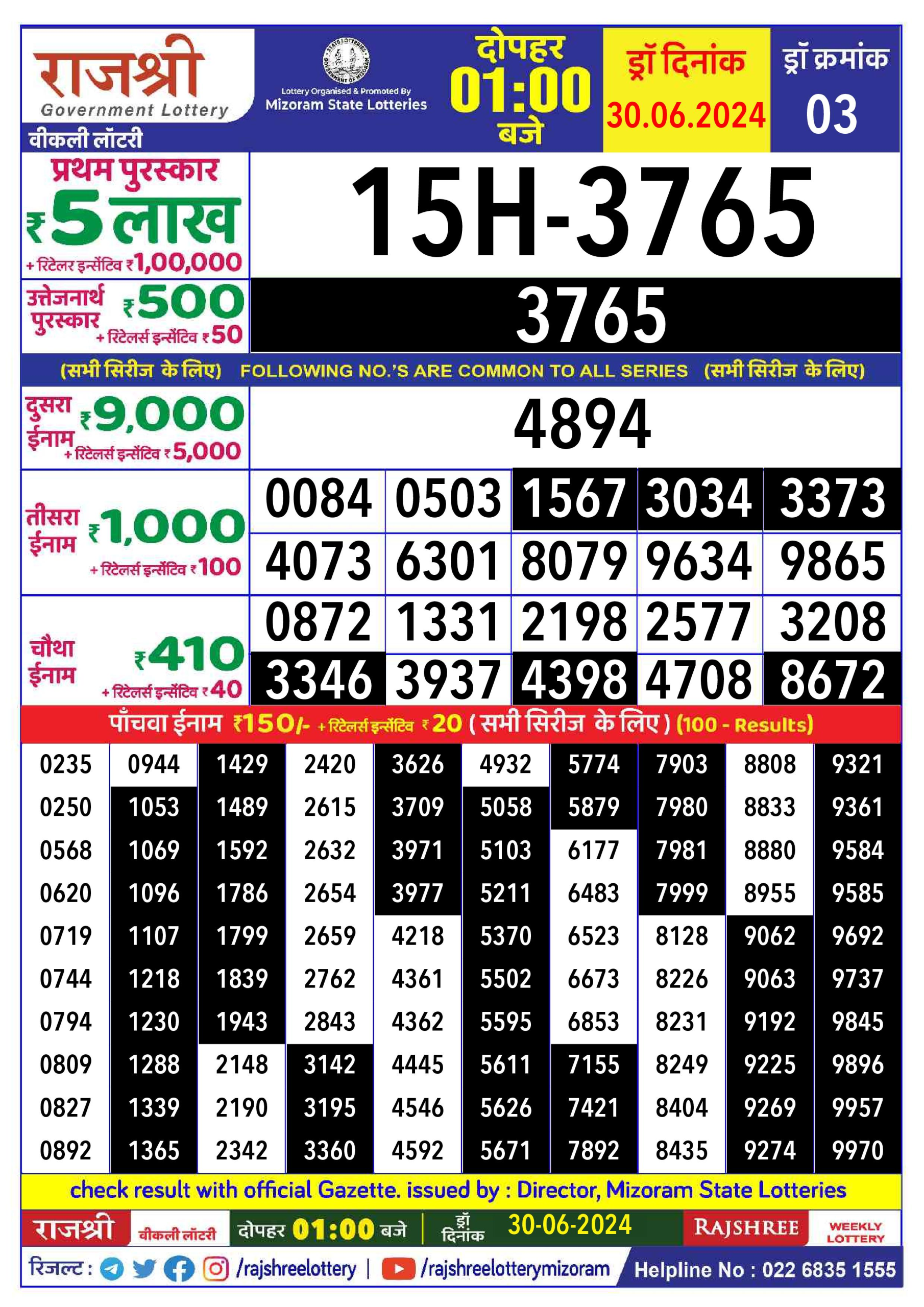 Rajshree  Daily Lottery 1PM Result 30june 24