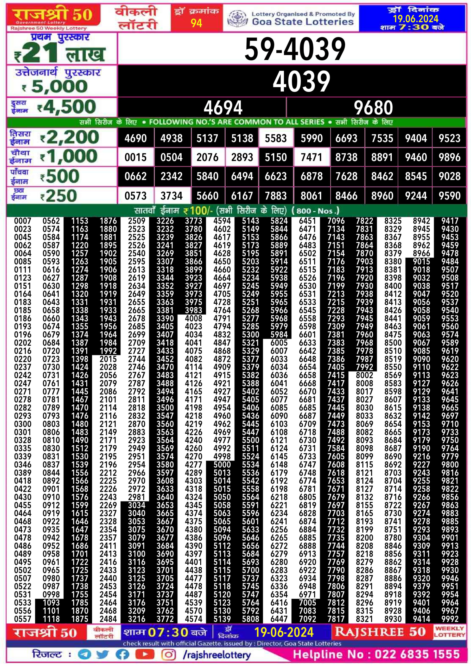 Rajshree 50 Lottery Result 7:30PM 19/06/24