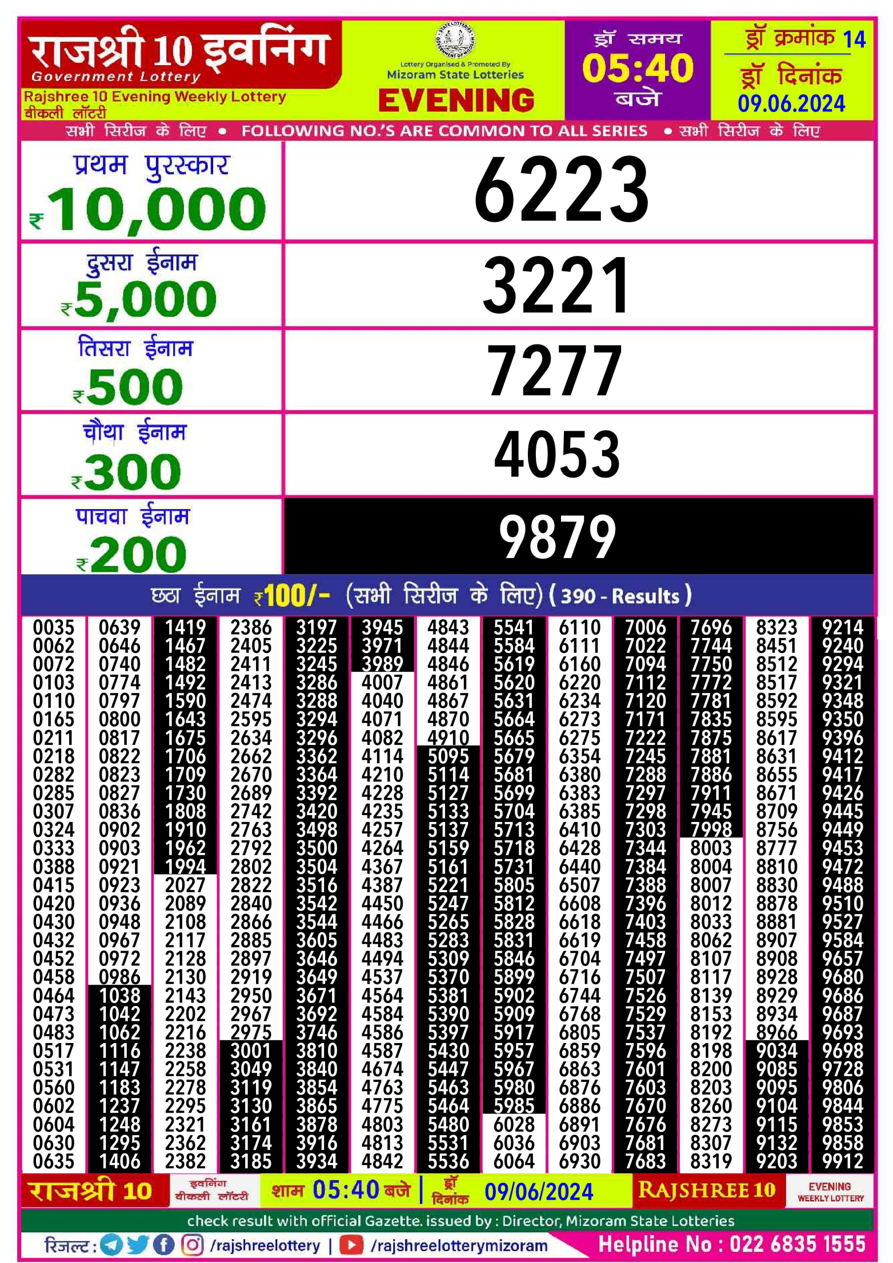 Rajshree10 Daily Lottery 5:40PM Result 9june 24