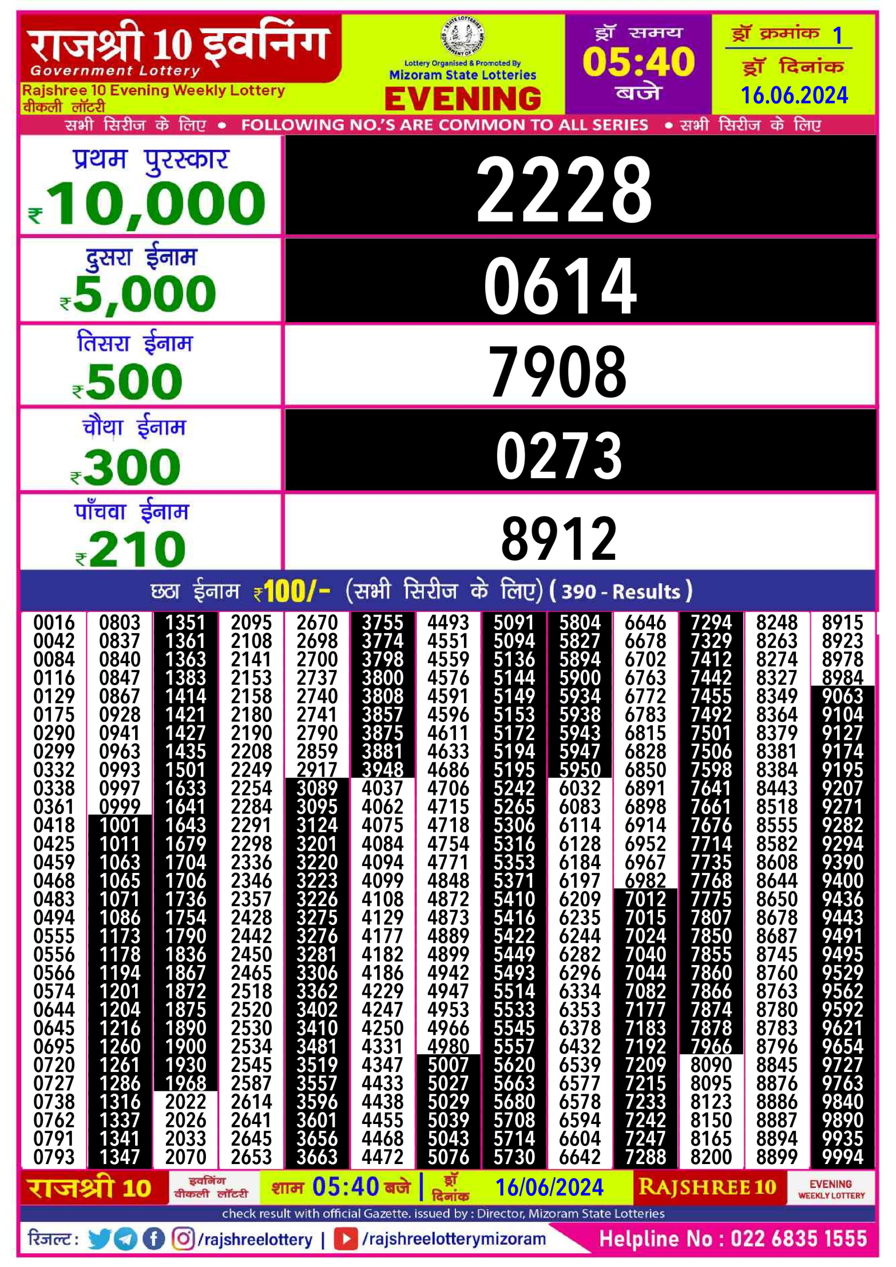 Rajshree10 Daily Lottery 5:40PM Result 16june 24