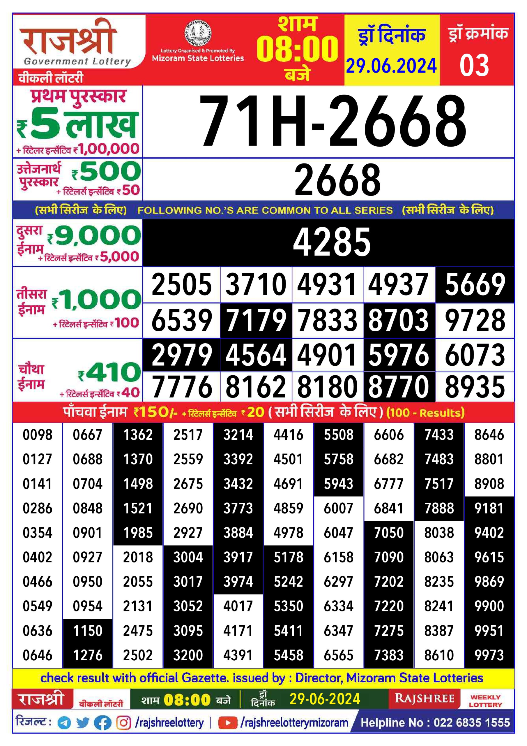 Rajshree Daily Lottery 8PM Result 29june 24