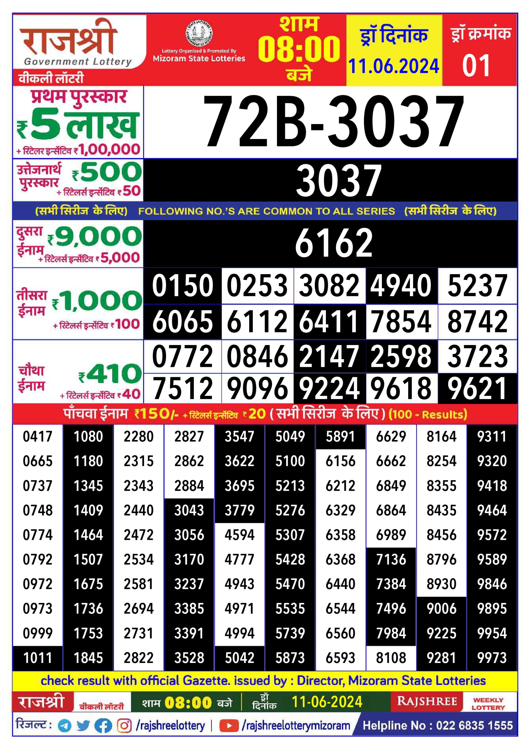 Rajshree 8pm lottery result 11/06/24