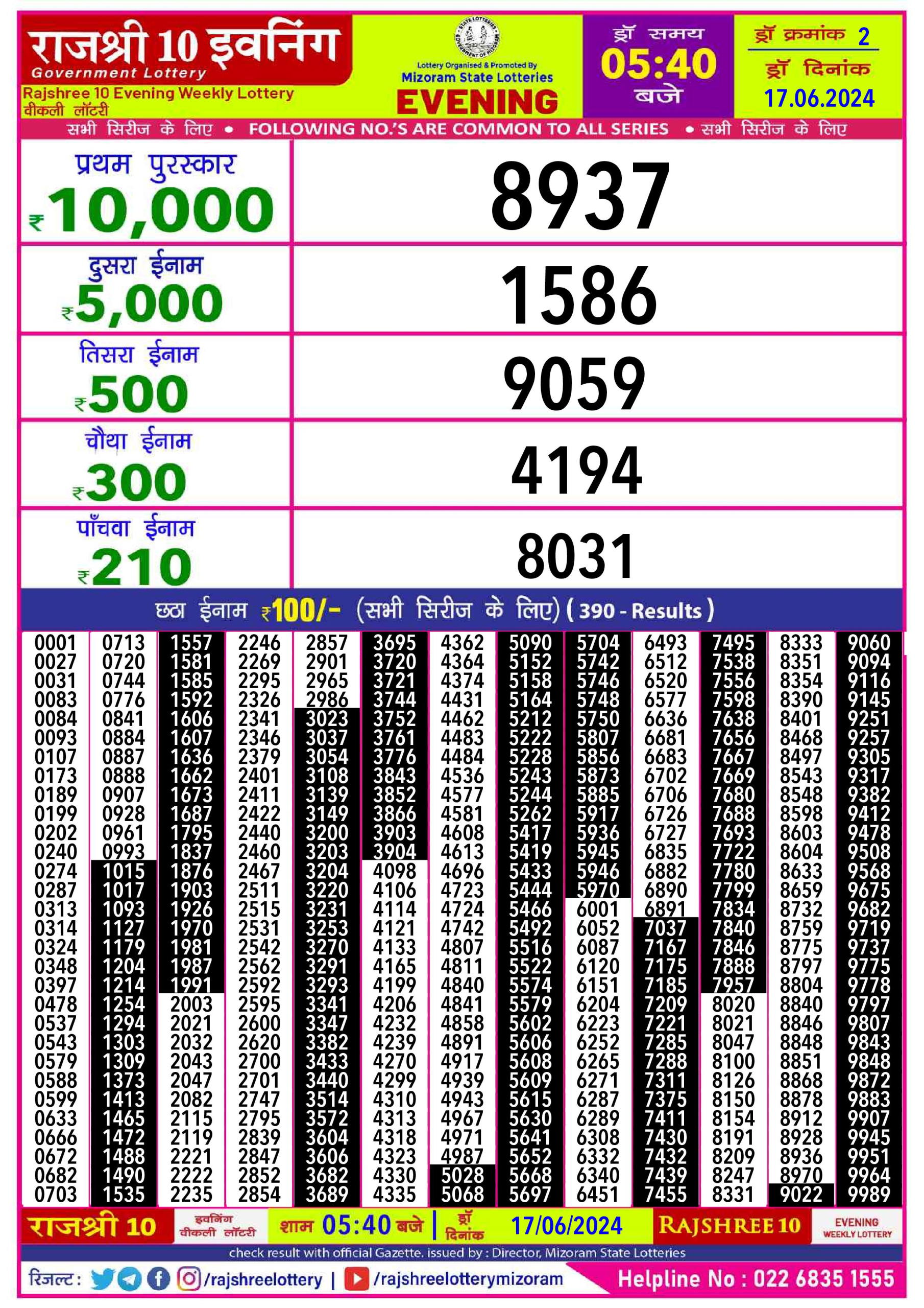 Rajshree10 Daily Lottery 5:40PM Result 17june 24