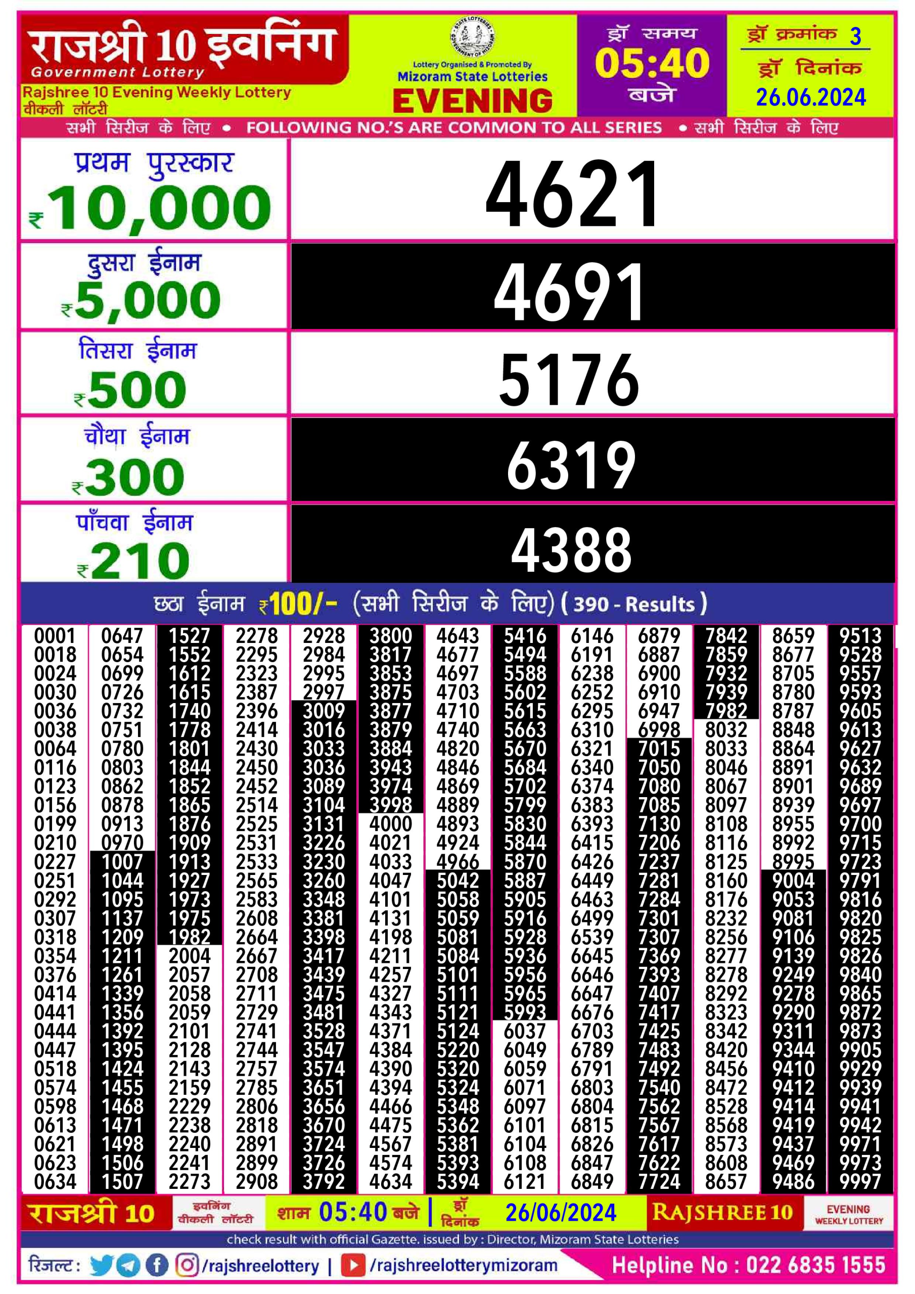 Rajshree10 Daily Lottery 5:40PM Result 26june 24