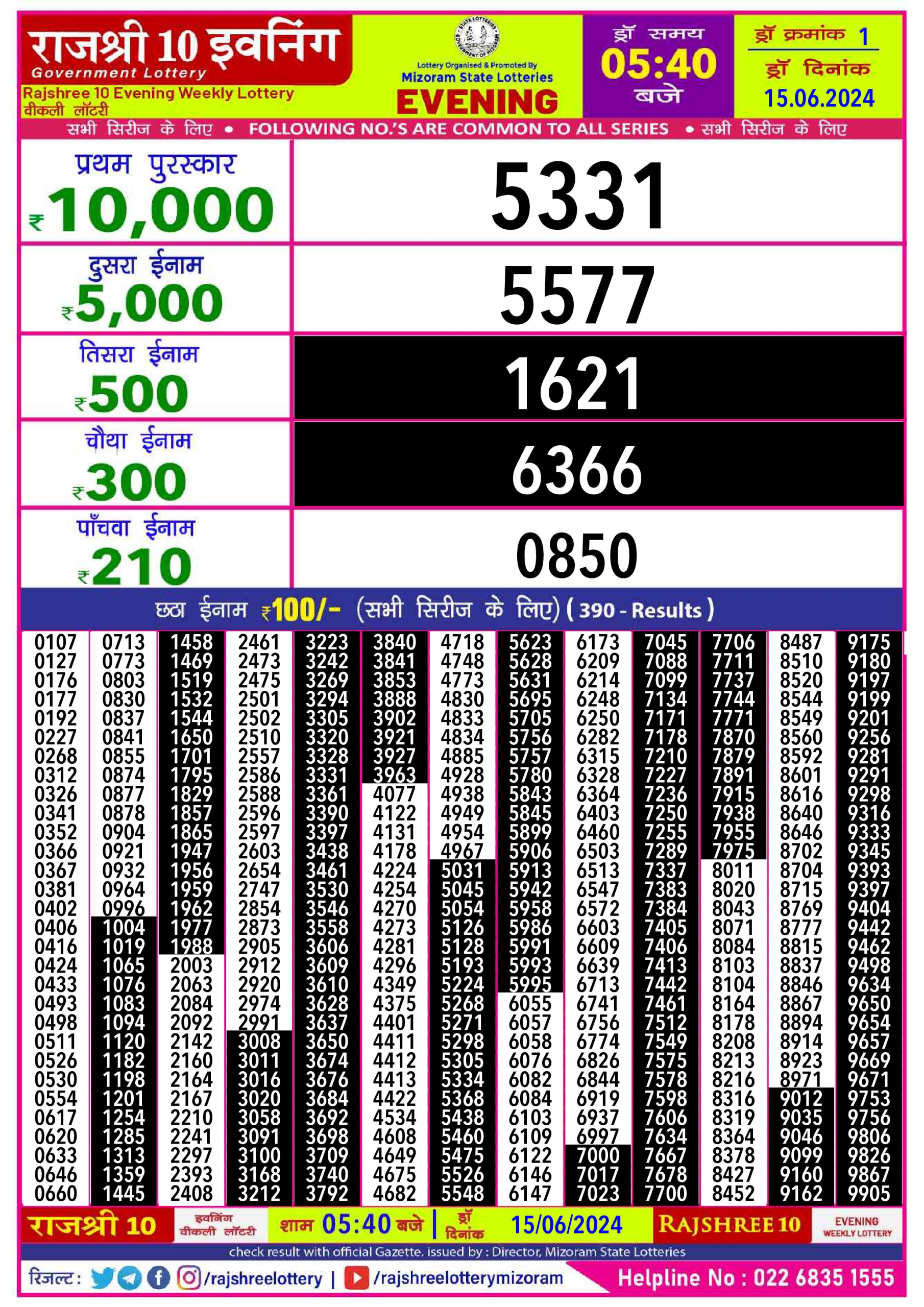 Rajshree10 Daily Lottery 5:40PM Result 15june 24