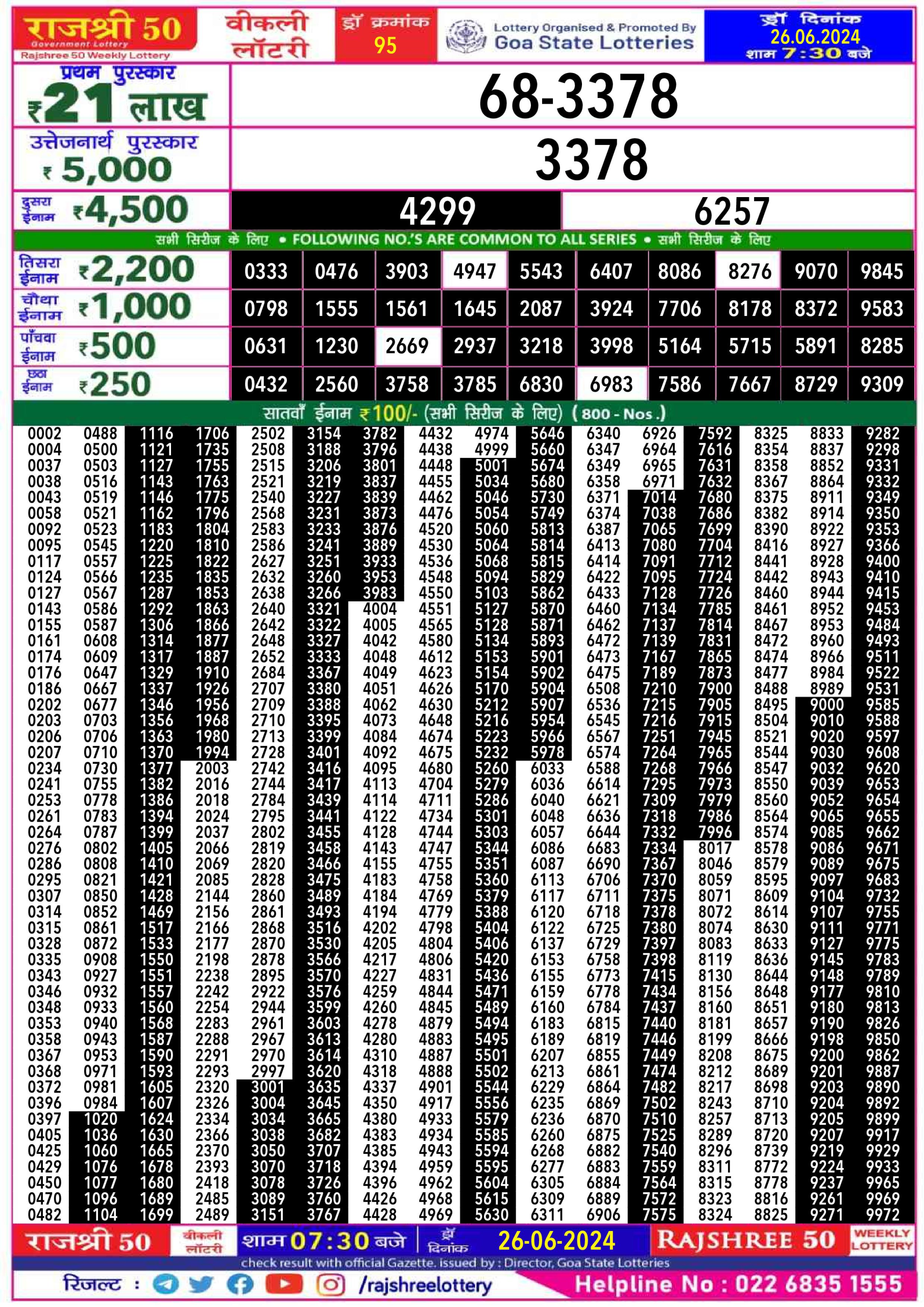 Rajshree 50 Lottery Result 7:30PM 26/06/24