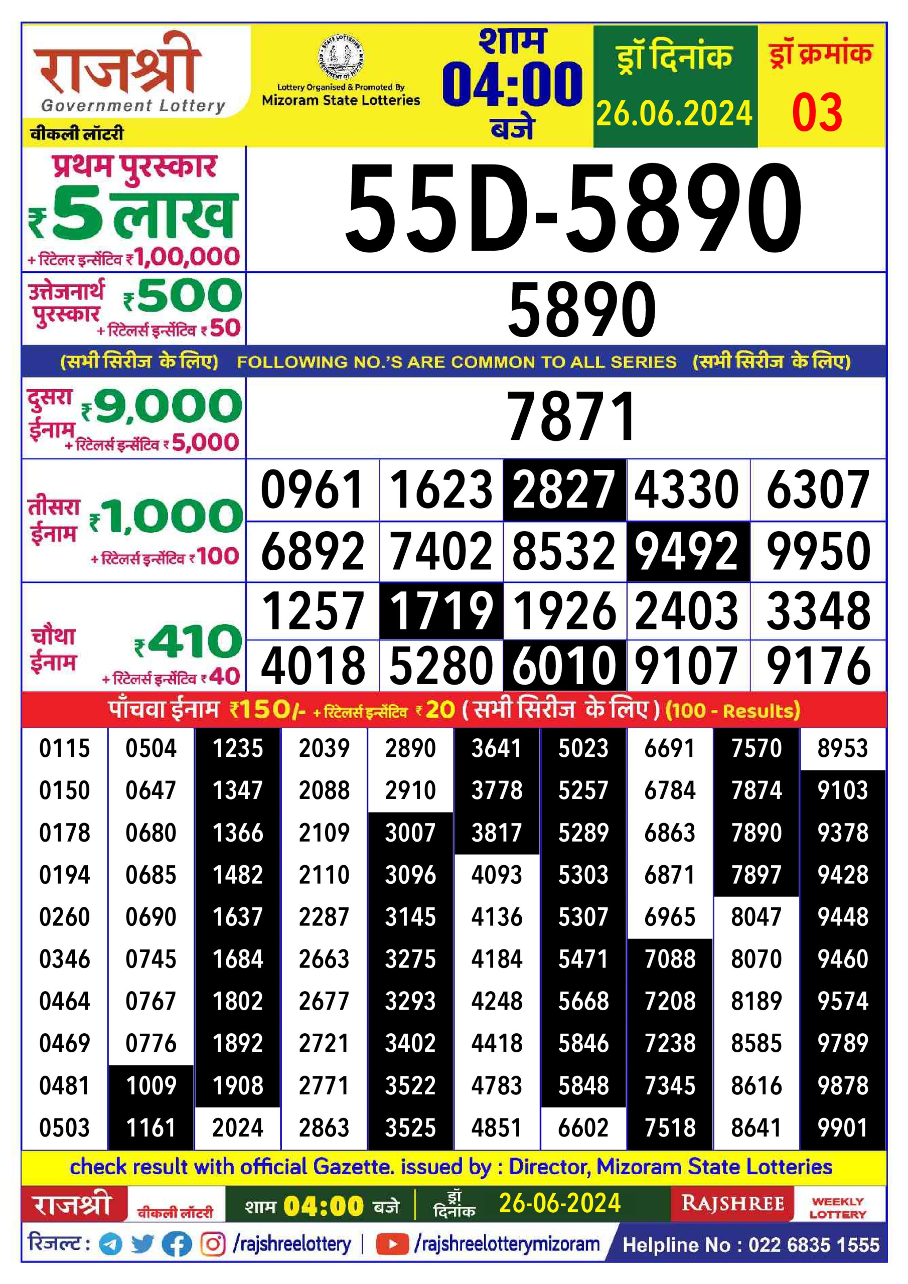 Rajshree Daily Lottery 4PM Result 26june 24