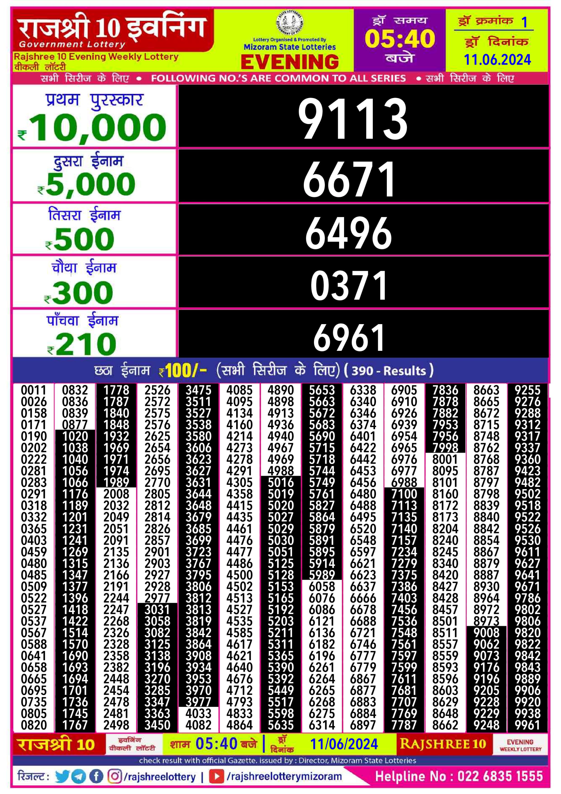 Rajshree10 Daily Lottery 5:40PM Result 11june 24