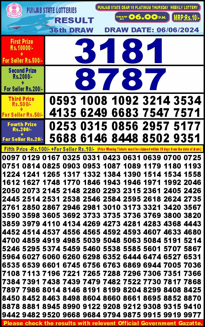 Punjab stateDear10 Lottery Result 6PM 6/06/24