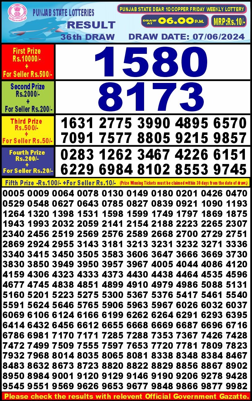 Punjab stateDear10 Lottery Result 6PM 7/06/24