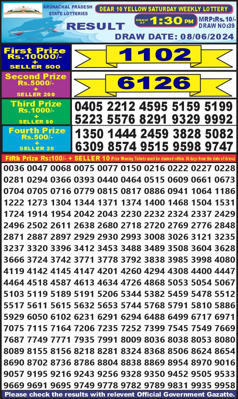 Dear 10  lottery 1:30pm result 8/6/24