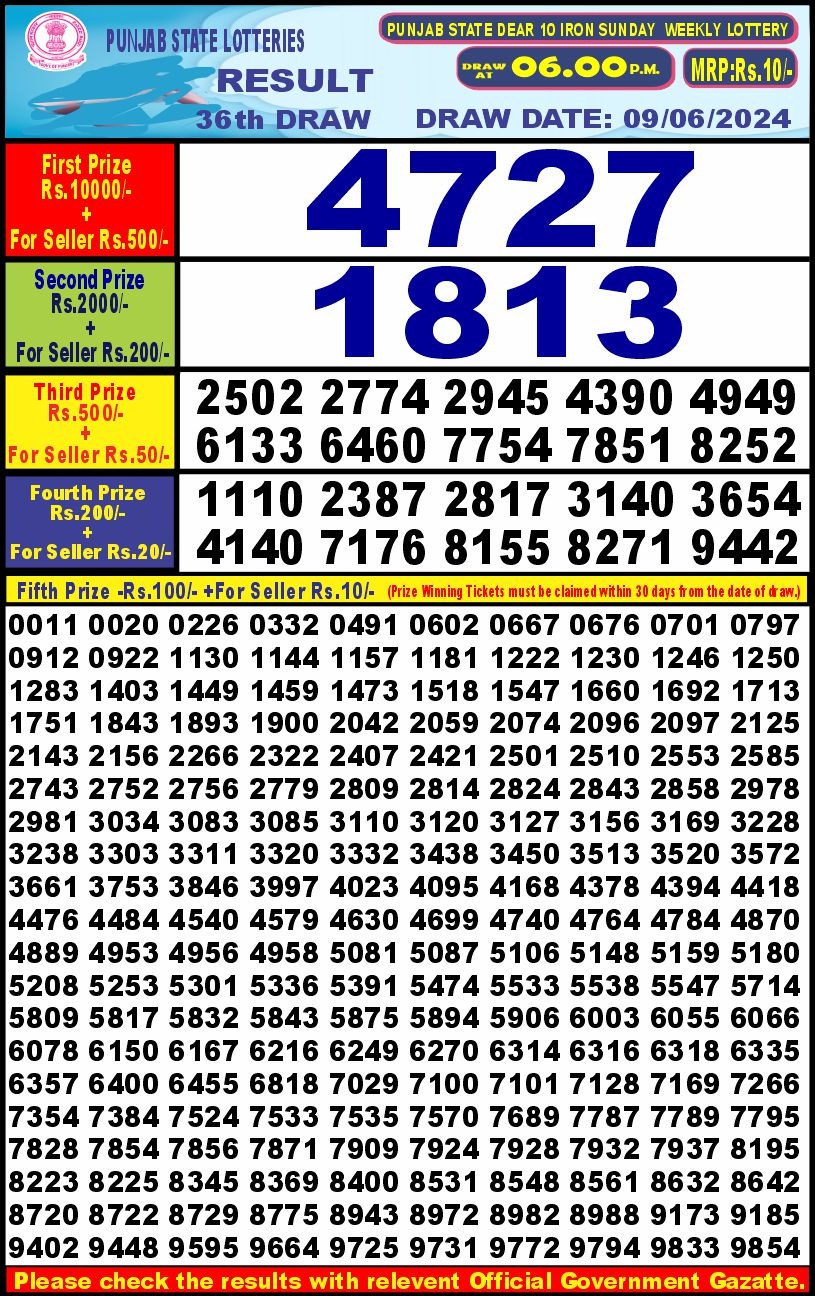 Punjab stateDear10 Lottery Result 6PM 9/06/24