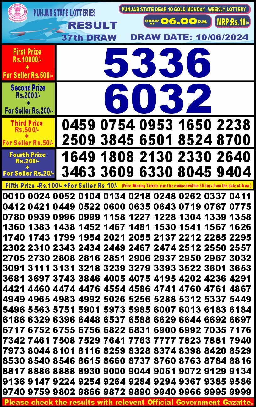 Punjab stateDear10 Lottery Result 6PM 10/06/24