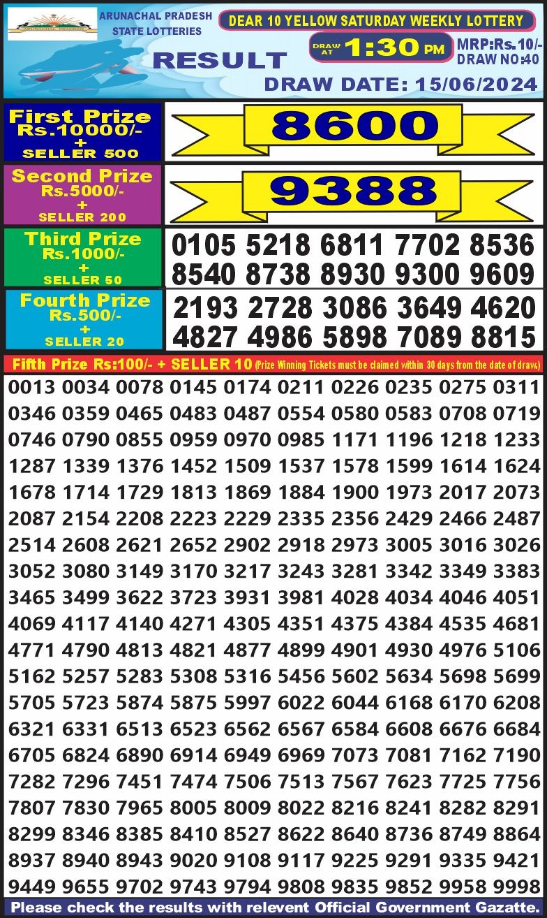 Dear 10  lottery 1:30pm result 15/6/24