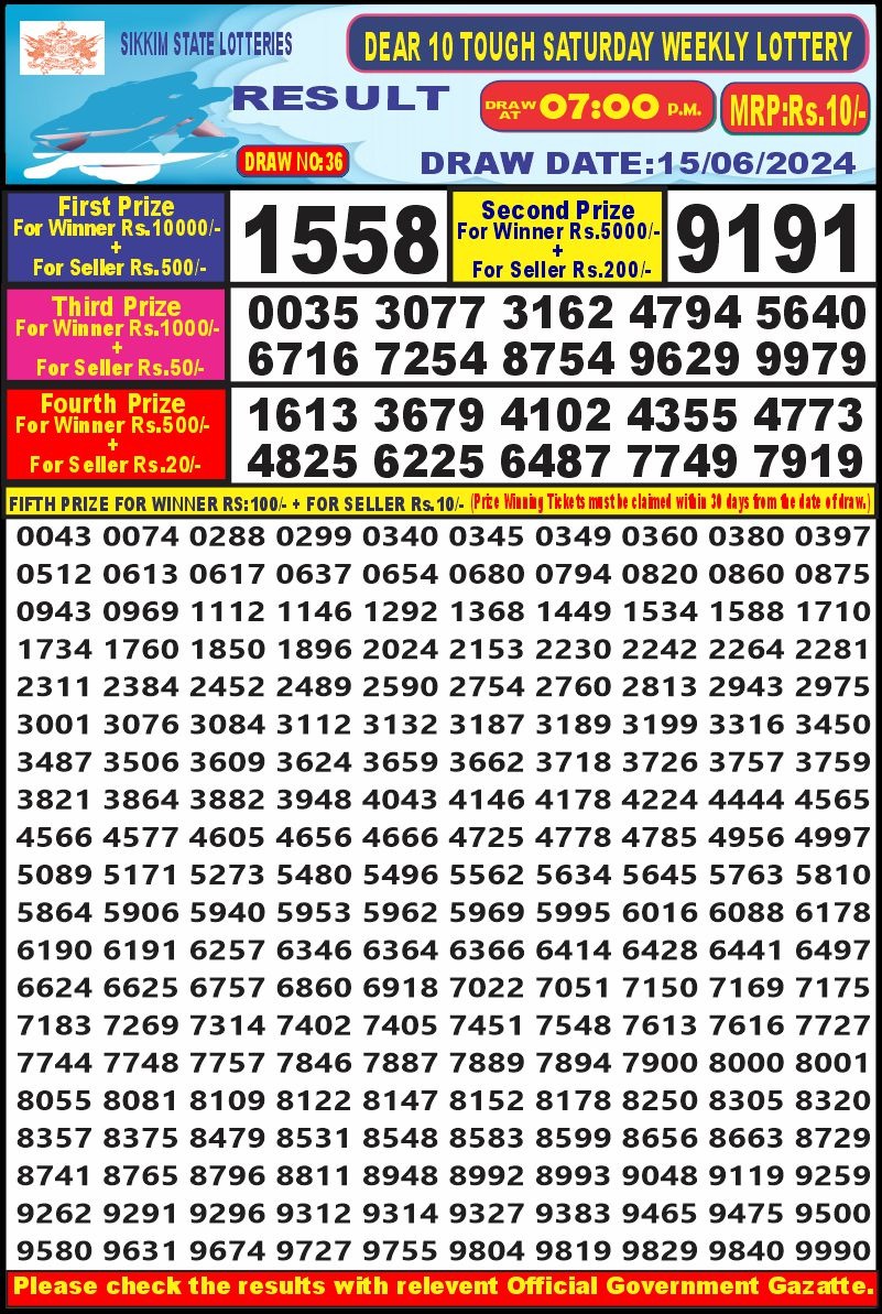 Dear10 Lottery Result 7PM 15/06/24