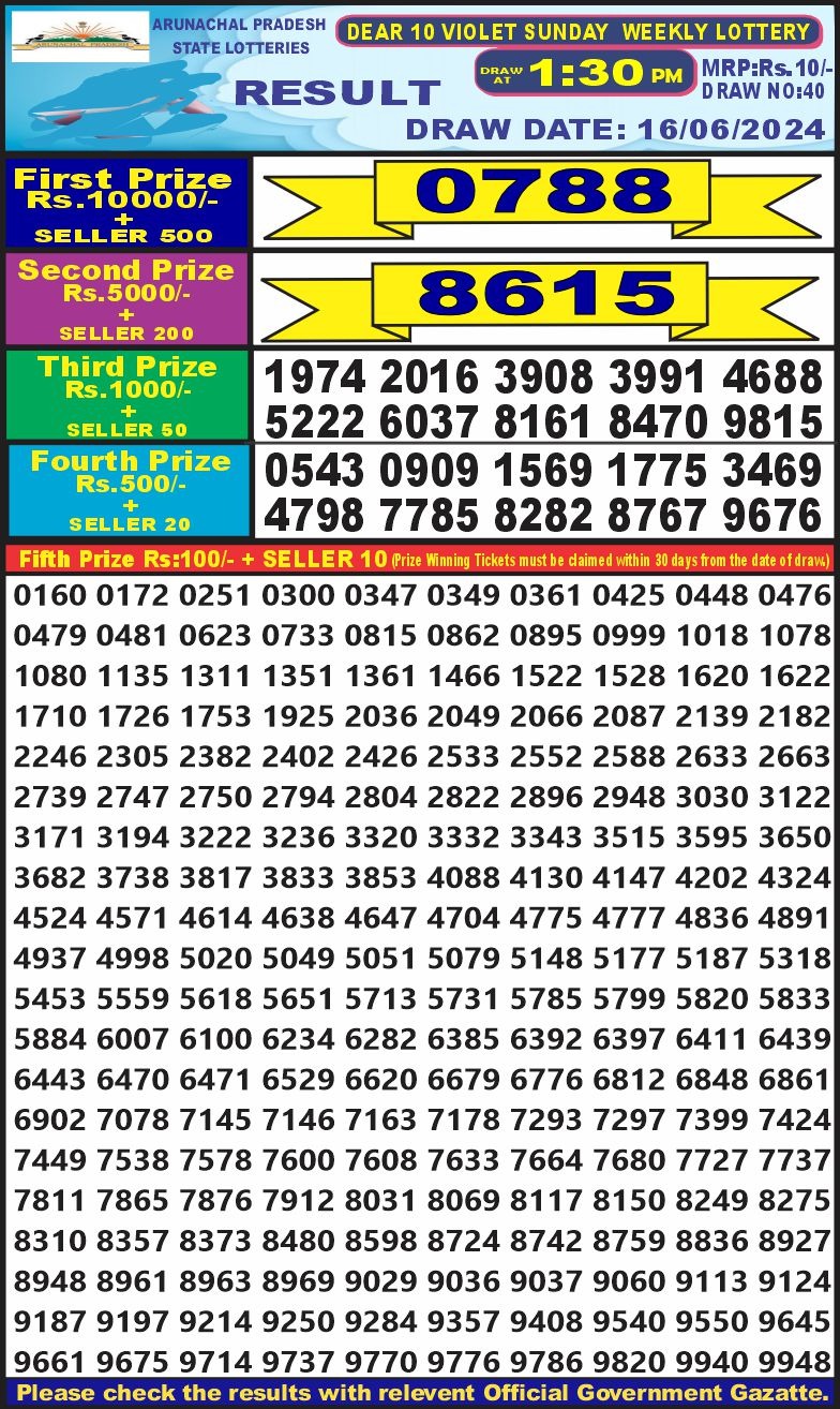 Dear 10  lottery 1:30pm result 16/6/24