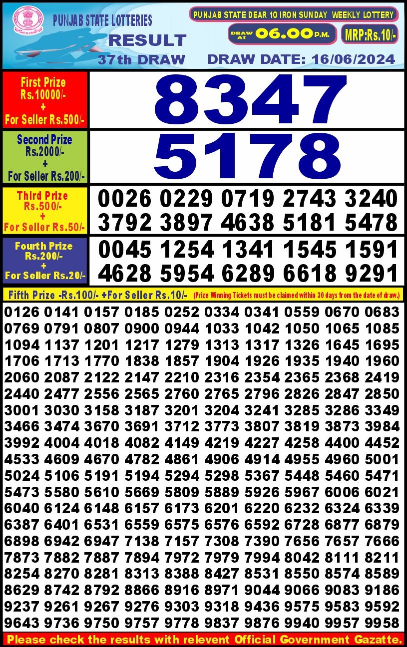 Punjab stateDear10 Lottery Result 6PM 16/06/24