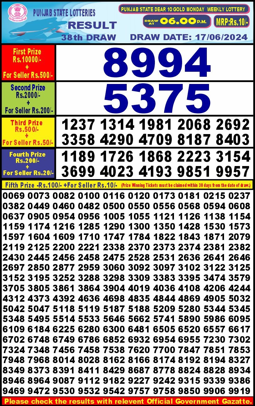 Punjab stateDear10 Lottery Result 6PM 17/06/24