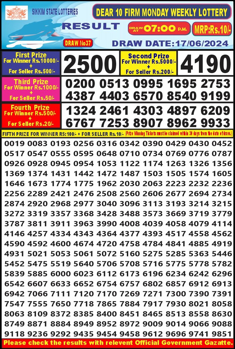 Dear10 Lottery Result 7PM 17/06/24