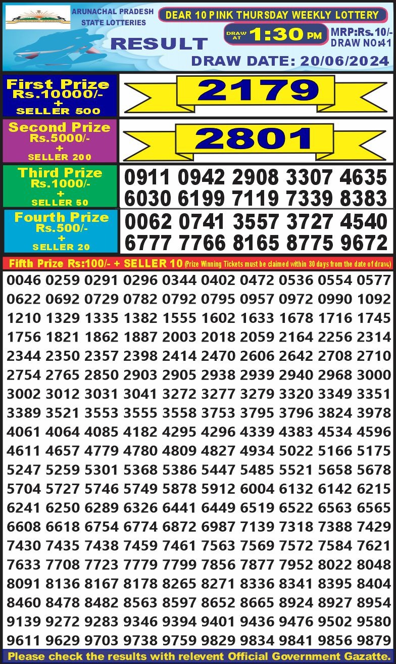 Dear 10  lottery 1:30pm result 20/6/24