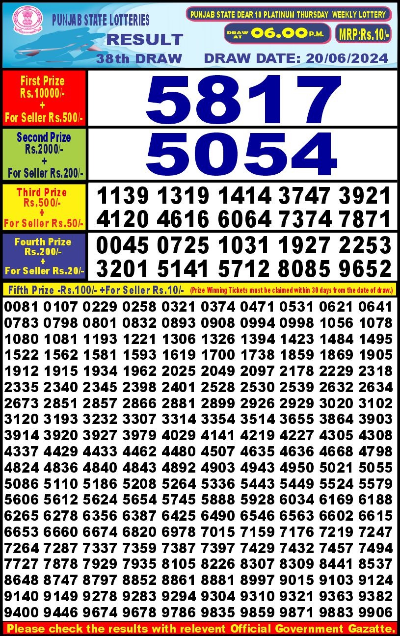 Punjab stateDear10 Lottery Result 6PM 20/06/24