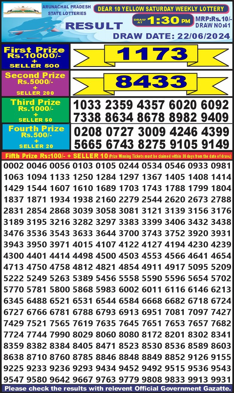 Dear 10  lottery 1:30pm result 22/6/24