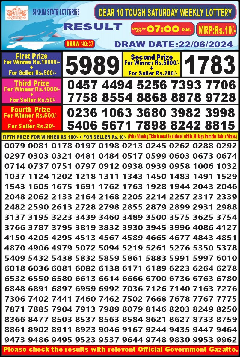 Dear10 Lottery Result 7PM 22/06/24