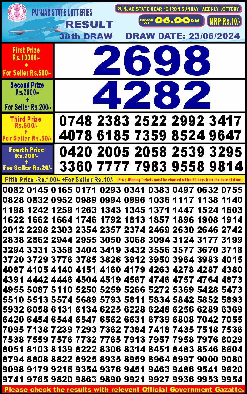 Punjab stateDear10 Lottery Result 6PM 23/06/24