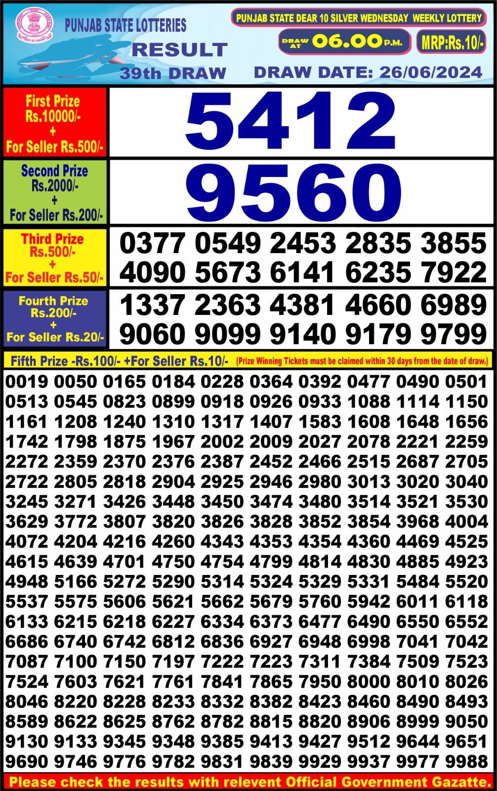 Punjab stateDear10 Lottery Result 6PM 26/06/24