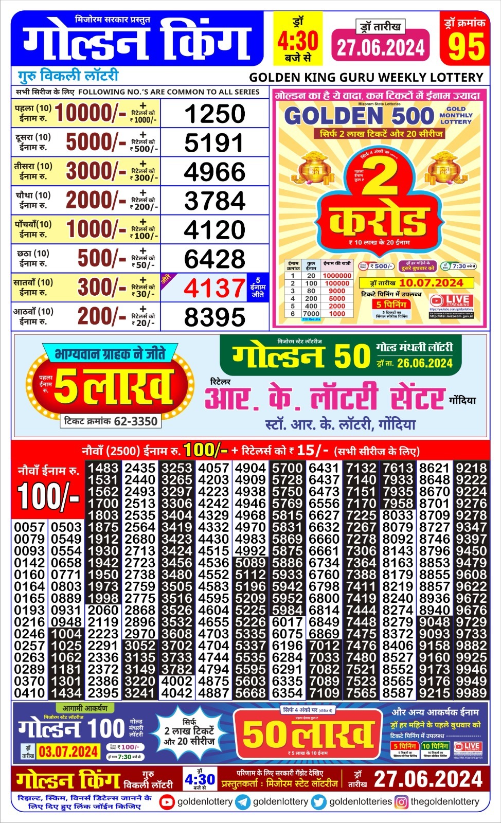 Golden king lottery 4.30pm 27-6-24