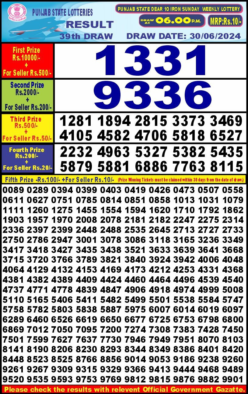 Punjab stateDear10 Lottery Result 6PM 30/06/24