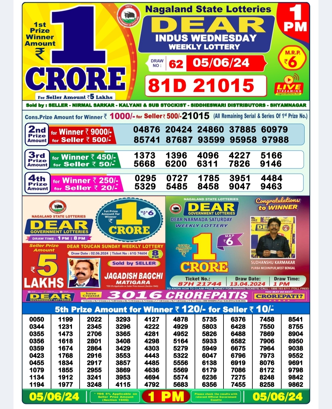 Dear daily Lottery 1pm result 5-06-24