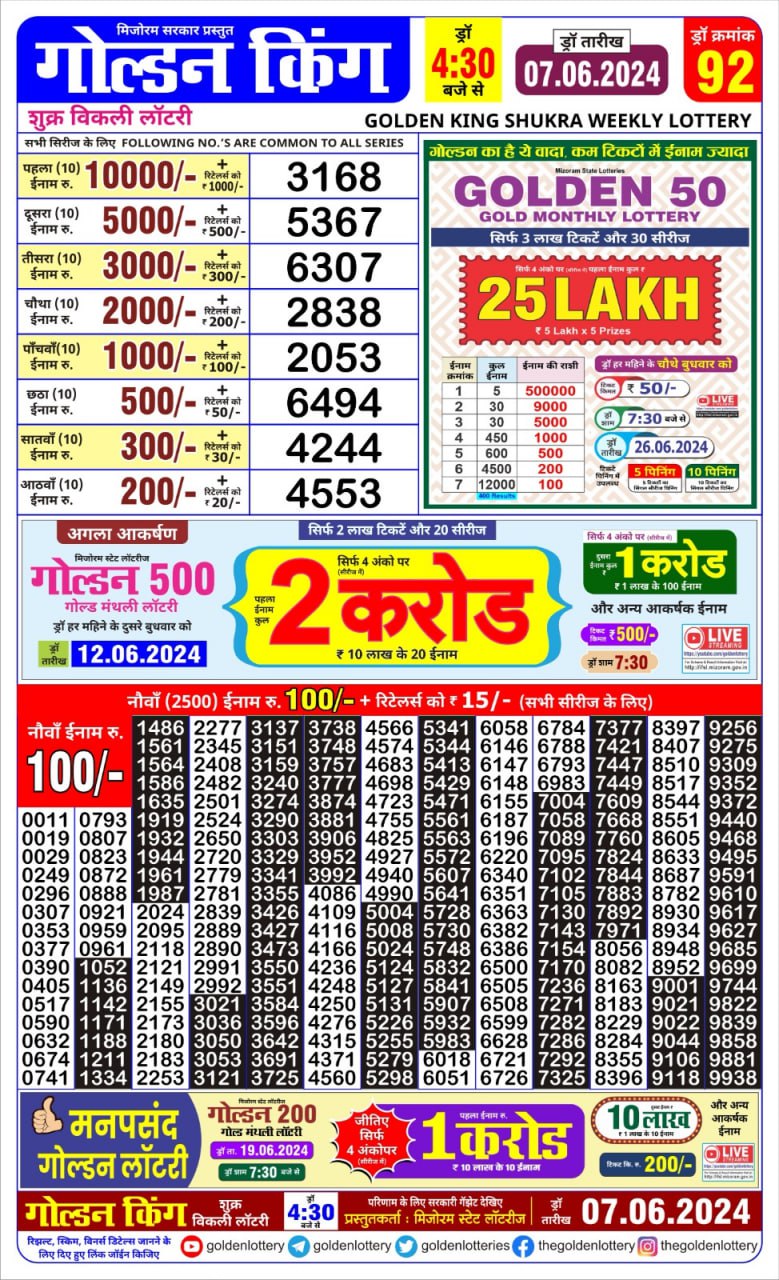 Golden king lottery 4.30pm 7-6-24