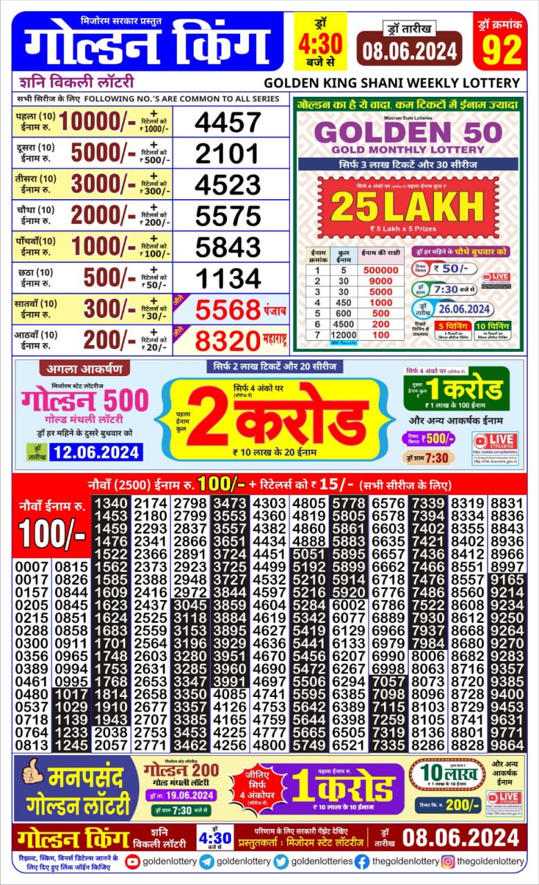 Golden king lottery 4.30pm 8-6-24