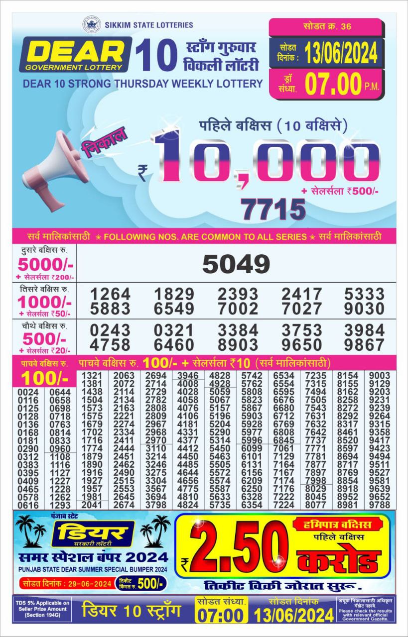 Dear10 Lottery Result 7PM 13/06/24