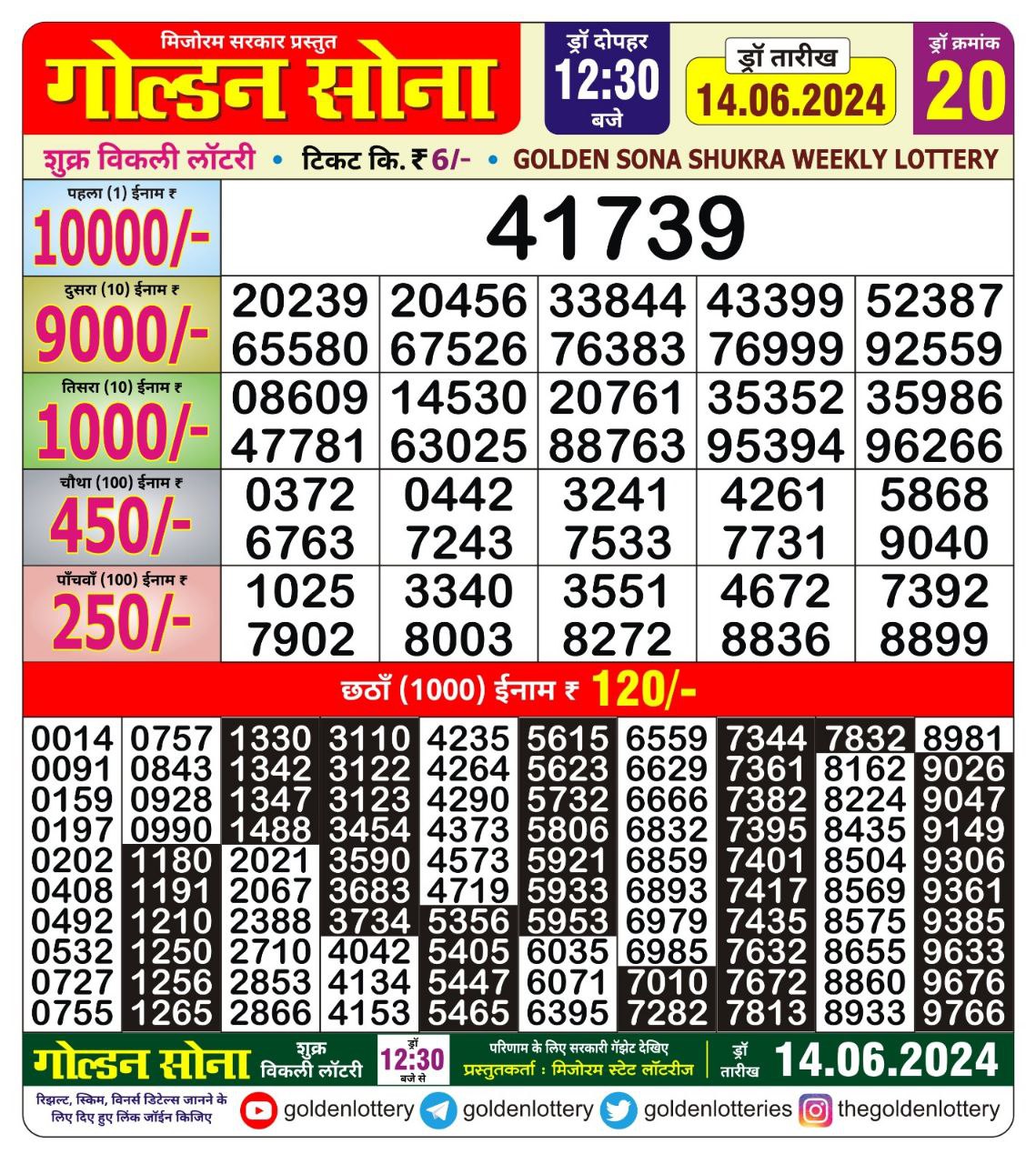 Golden sona 12:30pm lottery result 14/06/24