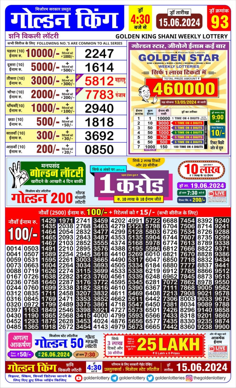 Golden king lottery 4.30pm 15-6-24