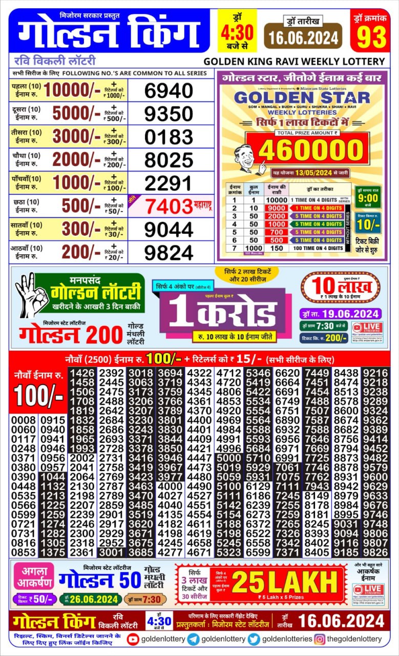 Golden king lottery 4.30pm 16-6-24