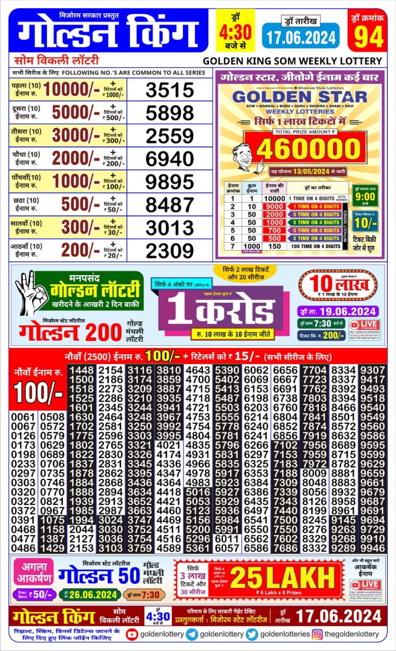 Golden king lottery 4.30pm 17-6-24