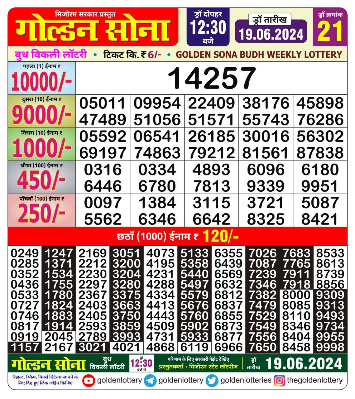 Golden sona 12:30pm lottery result 19/06/24