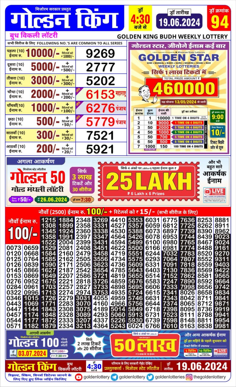 Golden king lottery 4.30pm 19-6-24