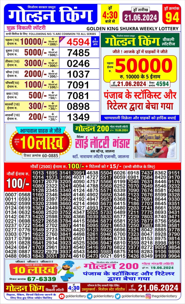 Golden king lottery 4.30pm 21-6-24