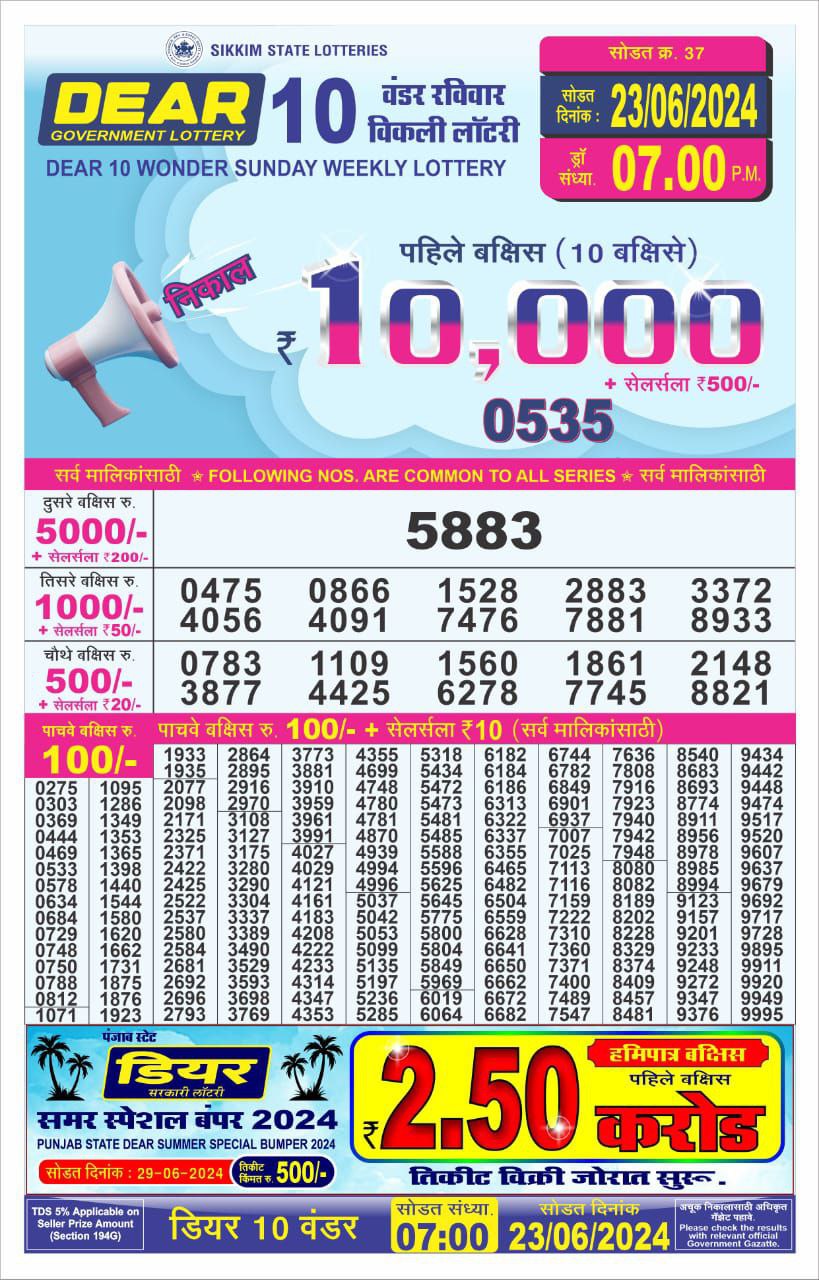 Dear10 Lottery Result 7PM 23/06/24