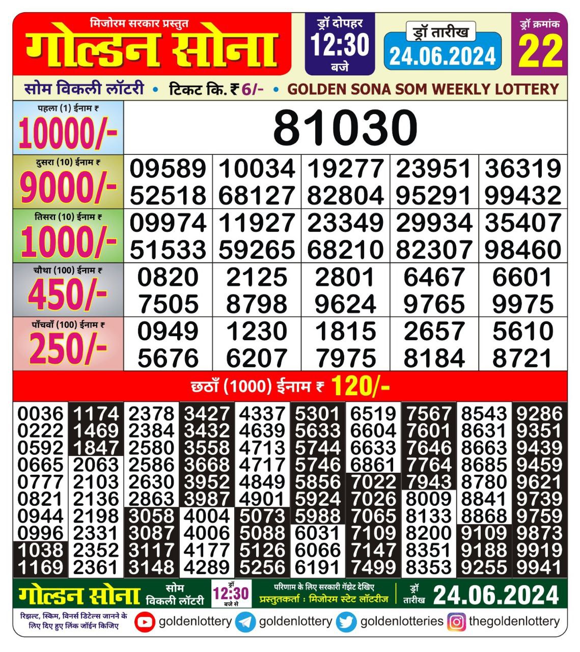 Golden sona 12:30pm lottery result 24/06/24