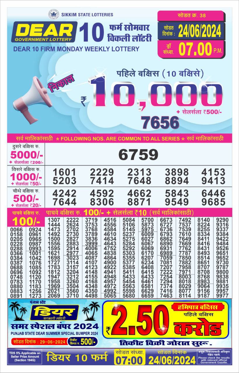 Dear10 Lottery Result 7PM 24/06/24