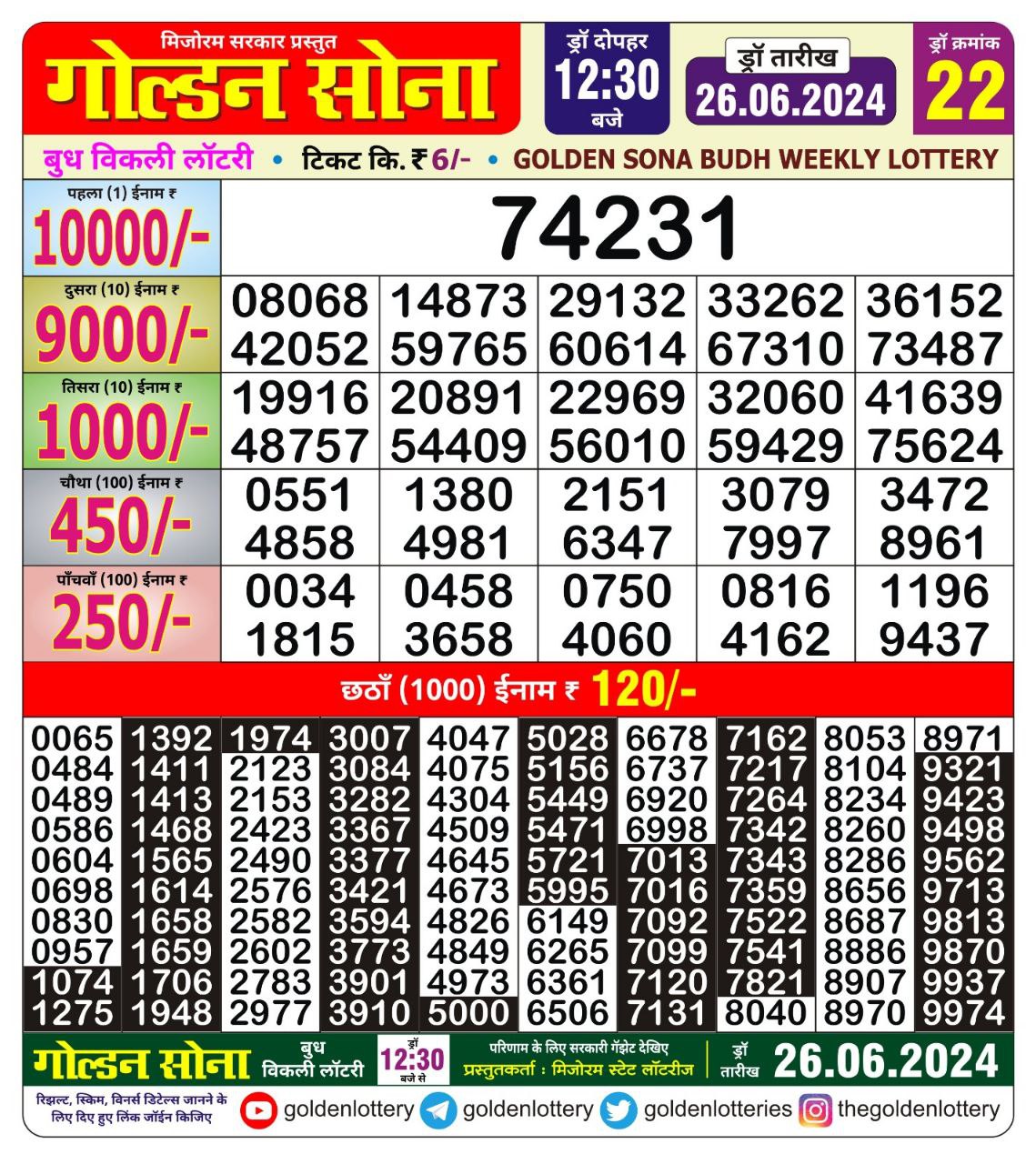 Golden sona 12:30pm lottery result 26/06/24