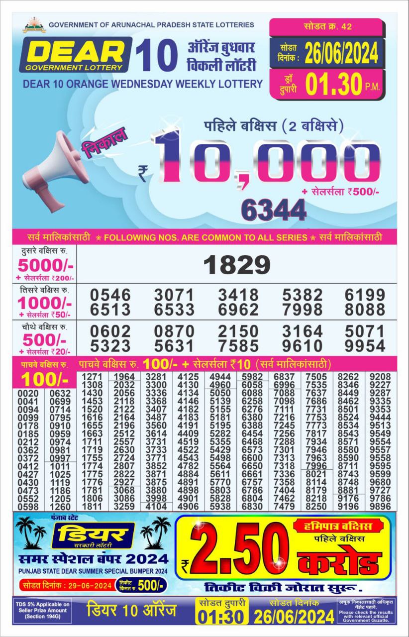 Dear 10  lottery 1:30pm result 26/6/24