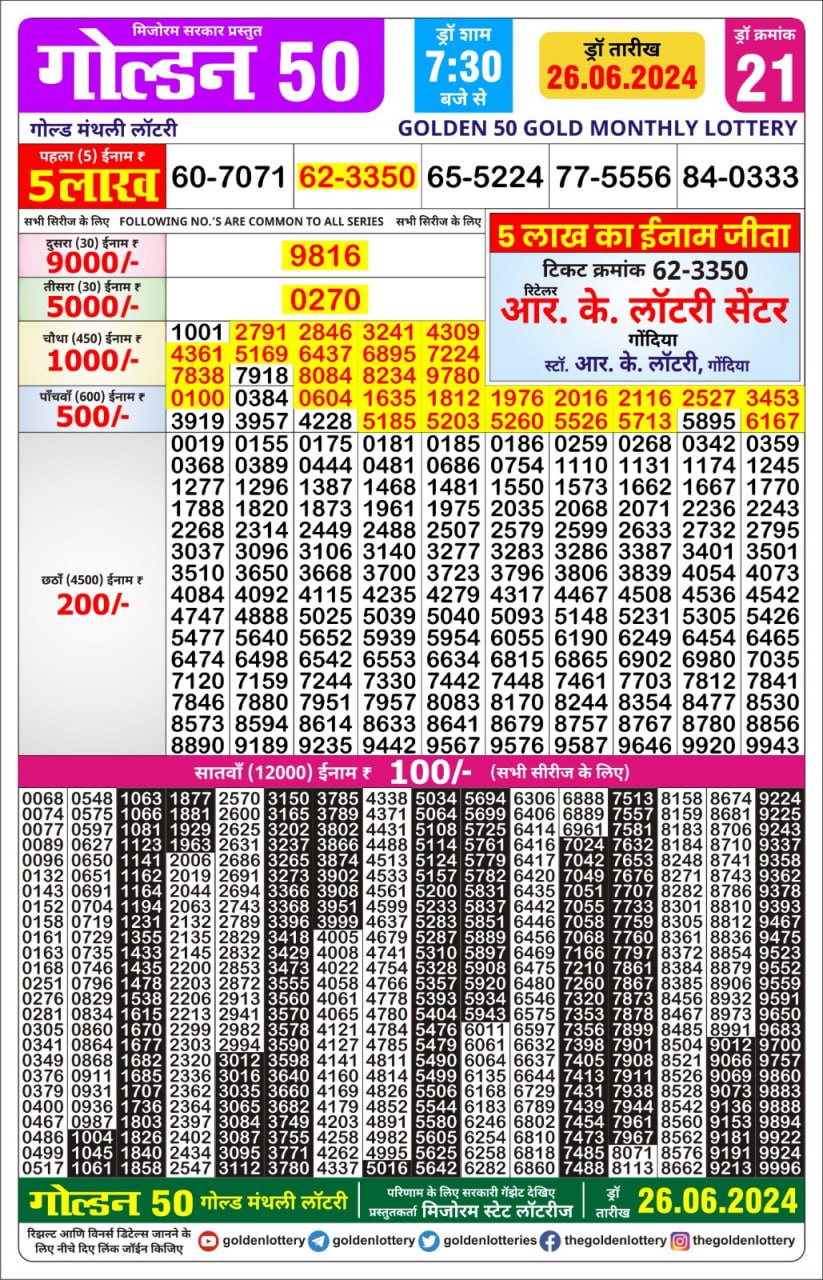 Golden 50 gold wednesday Lottery result 26-06-24