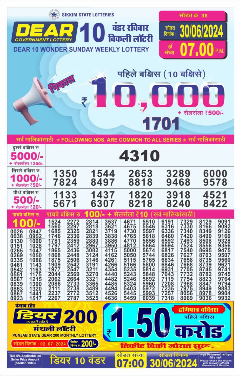 Dear10 Lottery Result 7PM 30/06/24