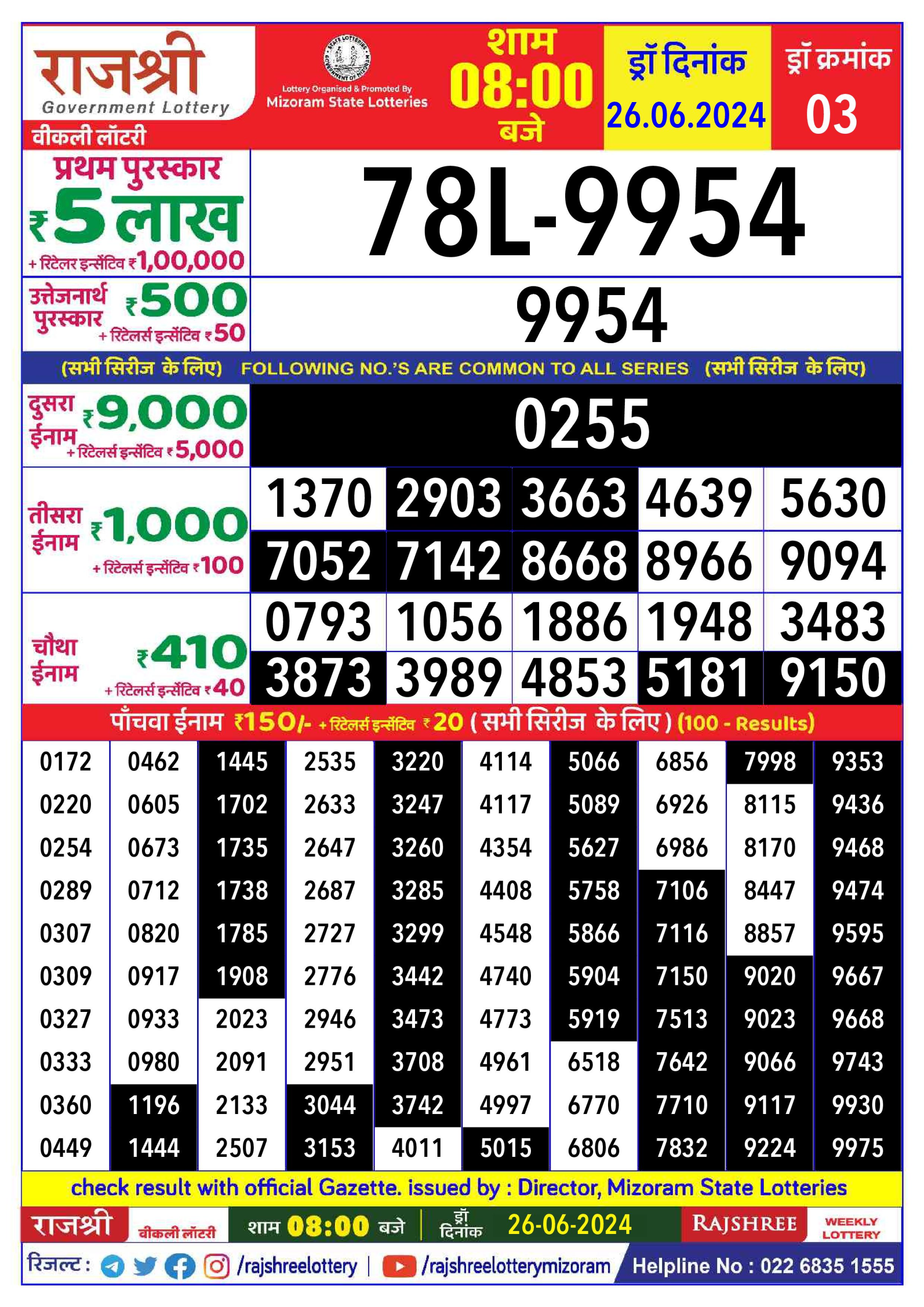 Rajshree 8pm lottery result 26/06/24